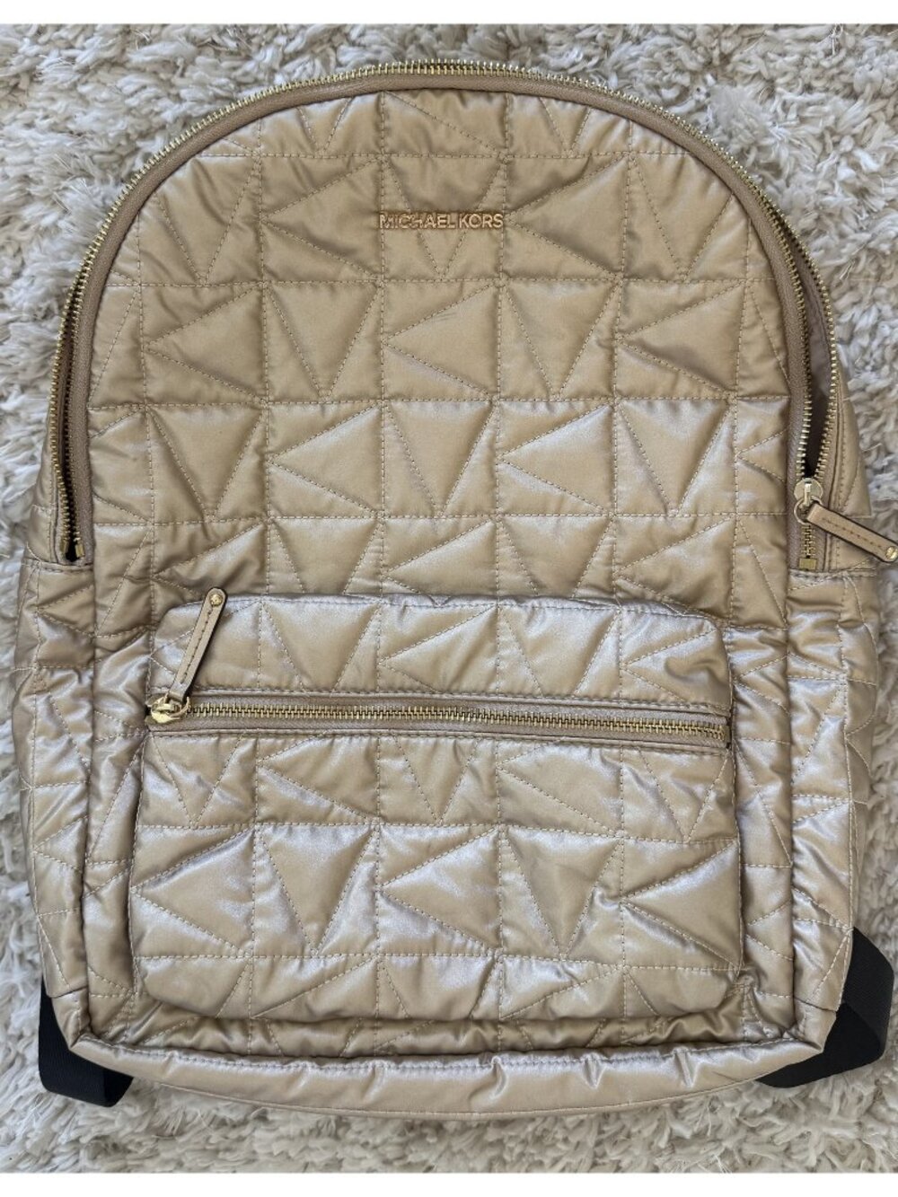 Michael Kors Winnie Pale Gold Metallic Quilted Backpack Zip Top Travel Bag